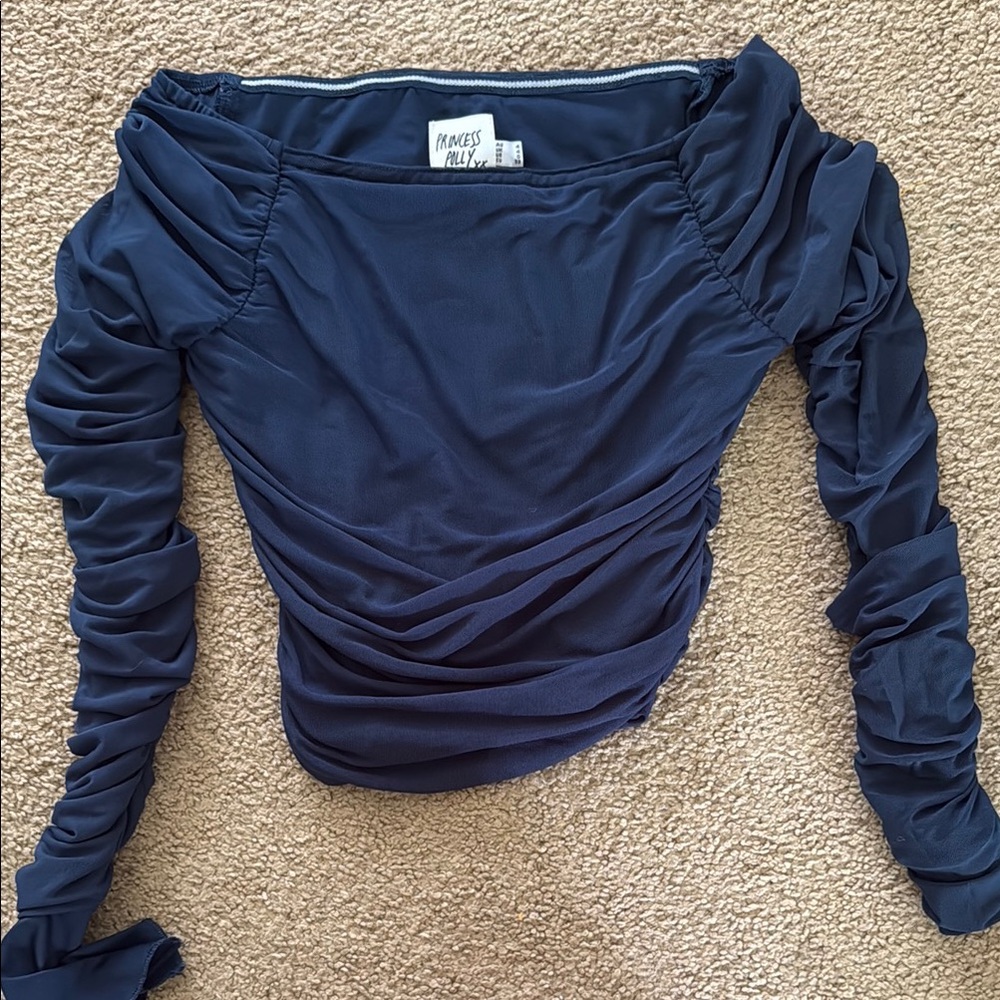 Blue Ruched Crop Top with Long Sleeves